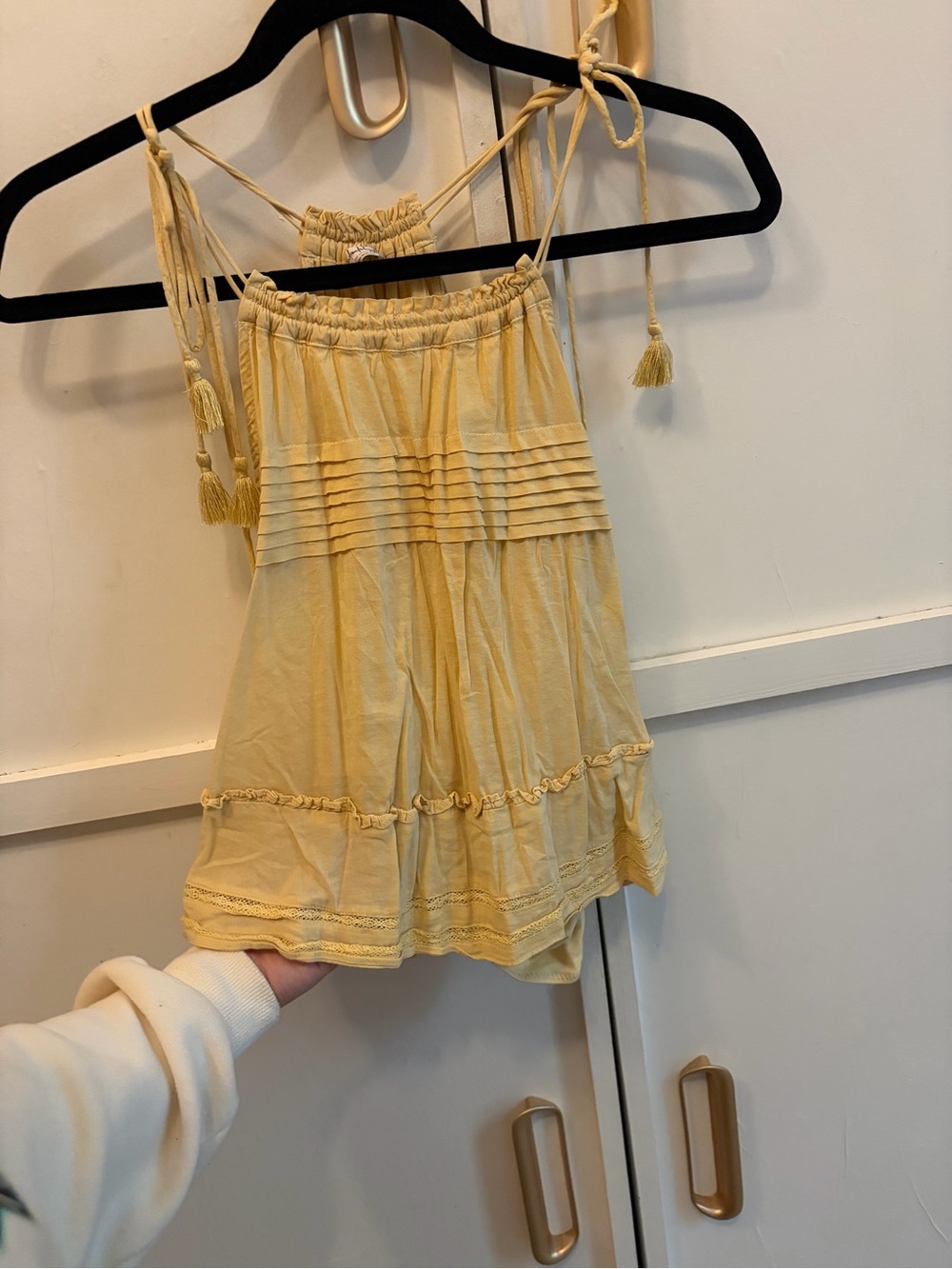 Free People Pale Yellow Ruffle-Trim Tie-Strap Camisole